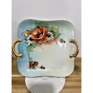 Vintage PM Porzellanfabrik BAVARIA Hand Painted Floral Red Poppies Square Plate